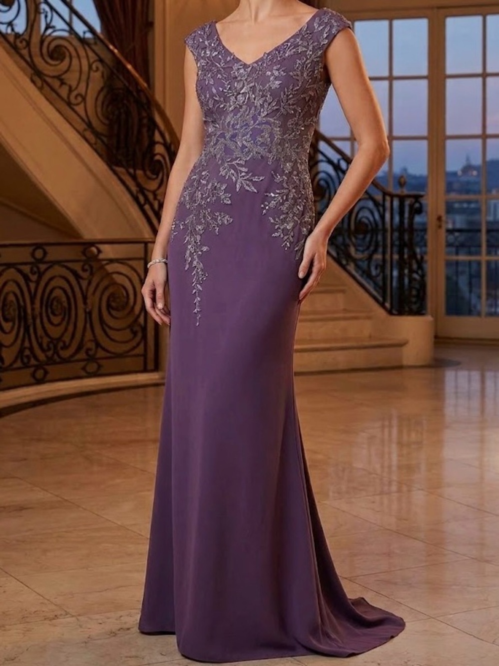 JJ’s House Plum Purple Lace Sequin Embellished Gown Formal Graduation Whimsical
